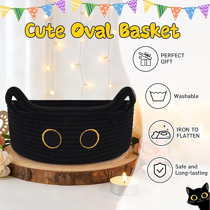 Black Cat Toy Basket for Nursery, Small Cute Cat Oval Woven Cotton Rope Blanket Storage Basket, Baby Shower Blanket Hamper 0rganize Box with Handles,Gifts Empty Storage Cat Bin,12"D x 5"H in