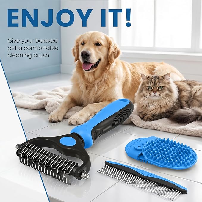 Double-Sided Pet Grooming Rake - 4-in-1 Professional Pet Grooming Kit, Deshedding Dematting Tool for Dogs, Cats, Extra-Wide Grooming Brush & Deshedder Comb for Long and Short Haired Pets (4PCS Blue)