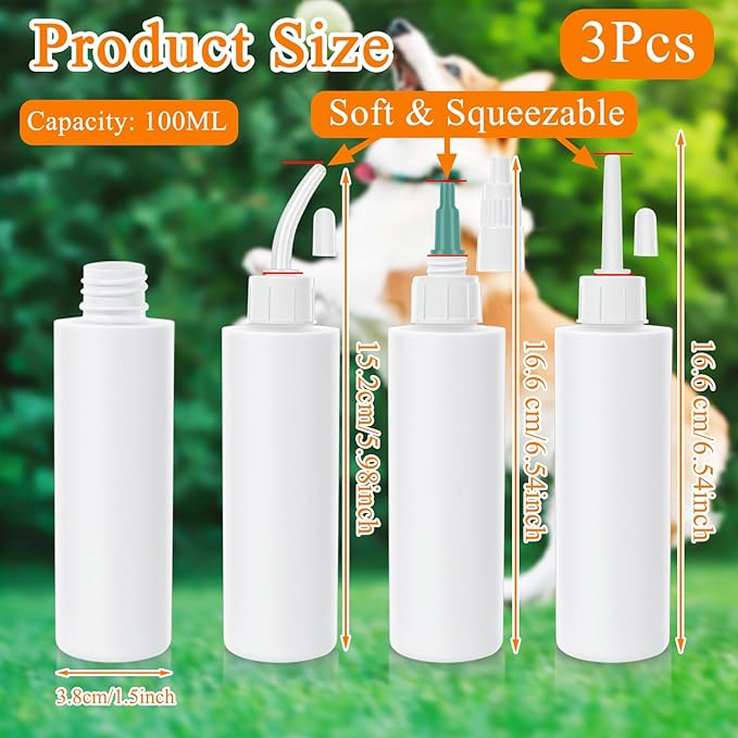 3PCS Empty Plastic Squeeze Bottles for Liquids, 3.38oz Empty Dropper Bottle for Medicated Ear Drops for Dogs with Stickers