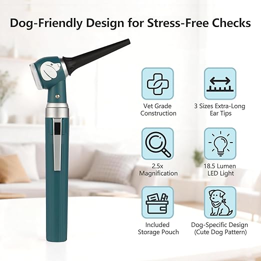 Pocket Veterinary LED Otoscope - Pet Ear Scope with Light for Dogs & Cats, 6 Disposable Tips (4/6/9mm), Portable Ear Infection Detector (Green)