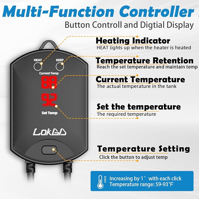 Upgraded 300W Intelligent Aquarium Heater,59°F-93°F Submersible Fish Tank Heater with Intelligent Digital Display Controller and Auto Power Off for 25-80 Gallon Freshwater Saltwater Fish Tanks