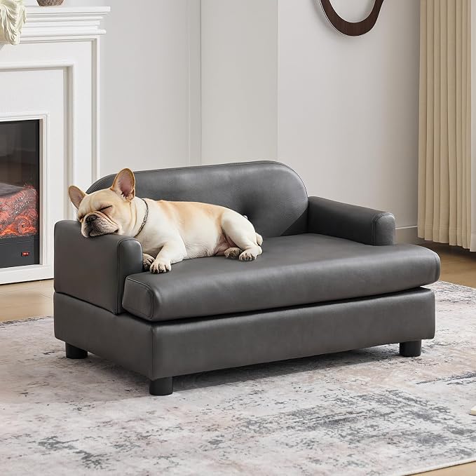 Luxury Dog Sofa Bed Elevated Pet Couch with Durable Waterproof Leather & Orthopedic Sponge - Modern Furniture Style Dog Lounge & Pet Bedside Step for Small/Medium Dogs/Cats, Gray