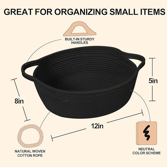 Small Woven Gift Basket, Baskets for Gifts Empty, Cotton Rope Cat Dog Toy Bin Box, Nursery Baby Organizer, Wicker Easter Basket with Handle, Shelf Storage Bin for Decor, Black, 12"x 8"x 5"