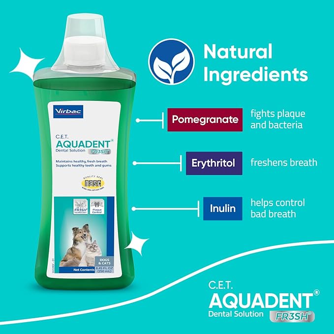 Virbac C.E.T. AQUADENT® FR3SH® Dental Solution For Dogs & Cats - Supports Dental Health & Fresher Breath - VOHC Approved For Dogs (250 ml)