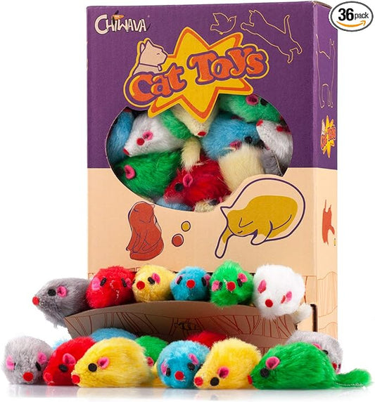 CHIWAVA 36PCS 4.1'' Furry Cat Toy Mice Rattle Small Mouse Kitten Interactive Play Assorted Color