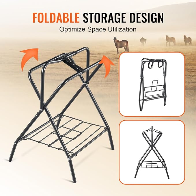 VEVOR Folding Saddle Rack, Freestanding Horse Saddle Stand, Portable Horse Blanket Holder, Heavy Duty Steel Saddle Rack for English & Western Saddles, Tack Storage, 28 x 19 x 37.5 in, Black