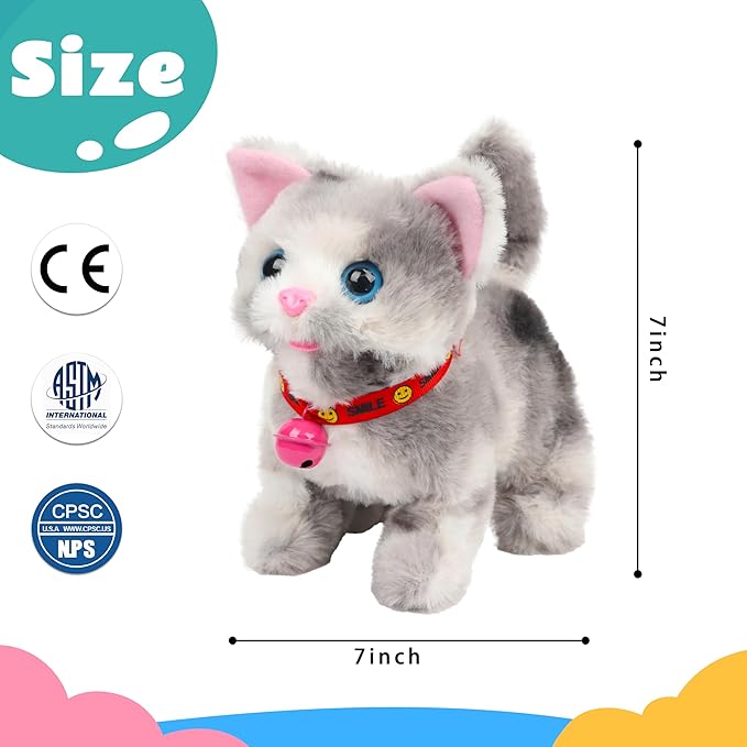 Walking Grey Cat Stuffed Animal Talking Wagging Nodding Educational Plush Kitty Toy Electric Interactive Animated Plushies for Girls Boys Birthday, 7"