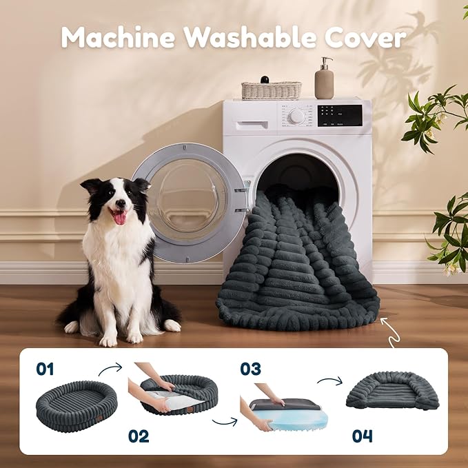 ChiXnuggle XL Dog Bed - Luxury Striped Faux Fur Waterproof Pet Couch with Removable Washable Cover, Orthopedic Dog Bed with Bolster Sides for Sleeping, Dark Grey