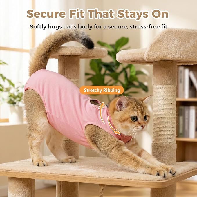 Avont Cat Recovery Suit for Surgery, Breathable Anti-Licking Onesie for Kittens, Surgical Post-Operative Protective Bodysuit, Comfortable Alternative to E-Collar -Pink (M)