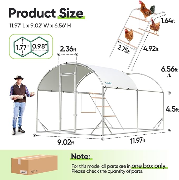 Quictent Essential Series 12x9x6.6ft Metal Chicken Coop Run with Climbing Ladder, Walk-in Outdoor Poultry Cage with PVC Coated Chicken Wire, Hen Duck Rabbit Farm House, Waterproof Anti-UV Cover