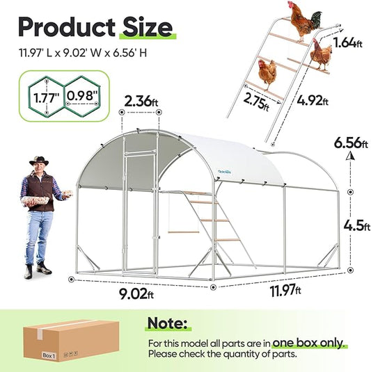Quictent Essential Series 12x9x6.6ft Metal Chicken Coop Run with Climbing Ladder, Walk-in Outdoor Poultry Cage with PVC Coated Chicken Wire, Hen Duck Rabbit Farm House, Waterproof Anti-UV Cover