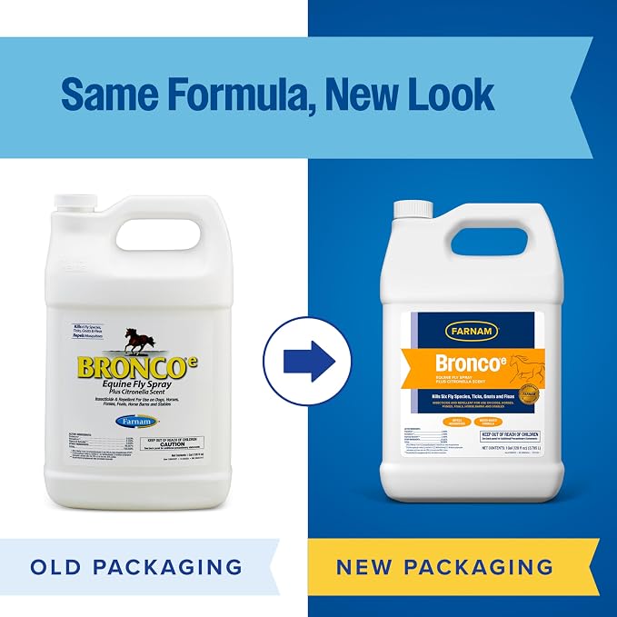 Farnam Bronco E Fly Spray for Horses, Dogs & Premises - Water-Based Fly Spray Kills & Repels Stable, Horse, Deer, House & Horn Flies, Mosquitoes, Fleas, Chiggers, Ticks, Lice & Gnats [128 oz Refill]
