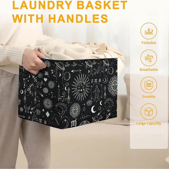 56L Celestial Astrology Laundry Basket Clothes Hamper with Handles,Foldable Blanket Storage Large Laundry Hamper with Waterproof PE,Toy Storage Bin Organizer,Cube Clothes Organizer,Home Decor