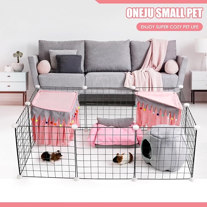 Guinea Pig Hideout - Guinea Pig Corner Hideout, Four-Sided Fringes, Square Top and Washable Hides, Ideal Hides for Small Pets, No Metal Fences, Pink