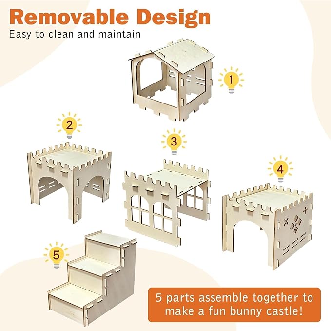 PINVNBY Extra Large Bunny Castles Hideout, Wooden Rabbit House Hide Climbing Detachable Indoor Wooden Hideaway Castle Tower Tunnel for Small Animal Guinea Pig Hamster Chinchilla Ferret