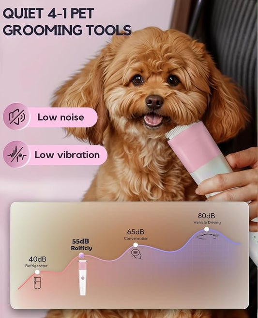 4 in 1 Rechargeable Dog Clippers Grooming Kit with 2 Speeds and Low Noise | Quiet Cordless Dog Hair Trimmer for Paw Nail Grinder, Cat Grooming Clippers for Trimming Hair on Paw Eye Ear Face (Pink)