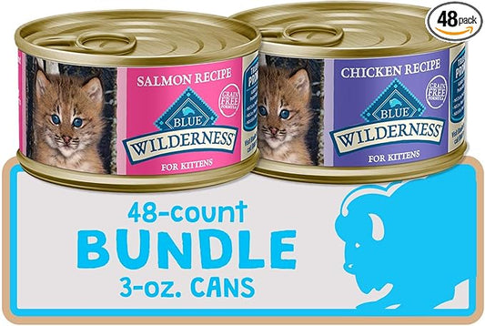 Blue Buffalo Wilderness High Protein Grain Free, Natural Kitten Pate Wet Cat Food, Chicken & Salmon 3-oz cans (48 Count - 24 of Each Flavor)
