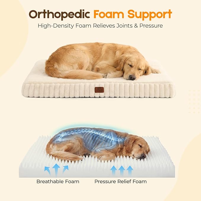 Orthopedic Dog Bed for Extra Large Dog, Waterproof Pet Bed for Crate,Non-Slip Bottom and Egg-Crate Foam with Removable Washable Cover Crate Bed,Cream,41"x27"x4"