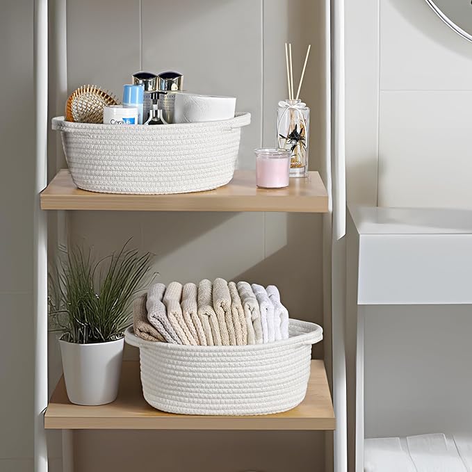 2 Pack Small Woven Basket with Gift Bags and Ribbons, Empty Decorative Gift Chest Box, Cute Baby Gift Basket for Nursery, Cotton Rope Room Shelf Storage Basket with Handles, All 12"x 8"x 5",White