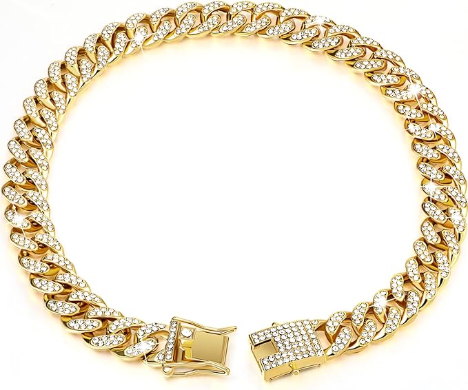 Tallew Gold Dog Chain Diamond Collar Walking Metal Chain Necklace with Secure Buckle Pet Cuban Style Collar Jewelry Accessories for Small Medium Large Dog Cats (28 inch)