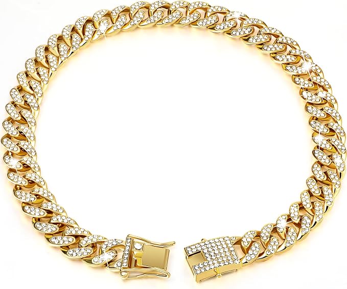 Tallew Gold Dog Chain Diamond Collar Walking Metal Chain Necklace with Secure Buckle Pet Cuban Style Collar Jewelry Accessories for Small Medium Large Dog Cats(14 inch)