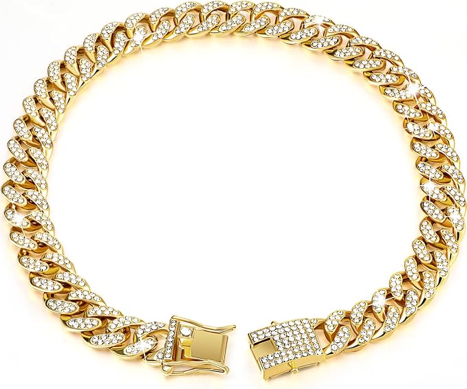 Tallew Gold Dog Chain Diamond Collar Walking Metal Chain Necklace with Secure Buckle Pet Cuban Style Collar Jewelry Accessories for Small Medium Large Dog Cats (24 inch)
