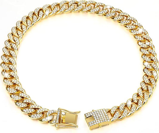 Tallew Gold Dog Chain Diamond Collar Walking Metal Chain Necklace with Secure Buckle Pet Cuban Style Collar Jewelry Accessories for Small Medium Large Dog Cats (22 inch)