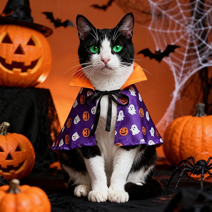 NAMSAN Cat Halloween Costumes, Wizard Cloak Vampire Cat Apparel, Small Dogs Witch Clothes Cosplay Outfit for Halloween Themed Party, Purple