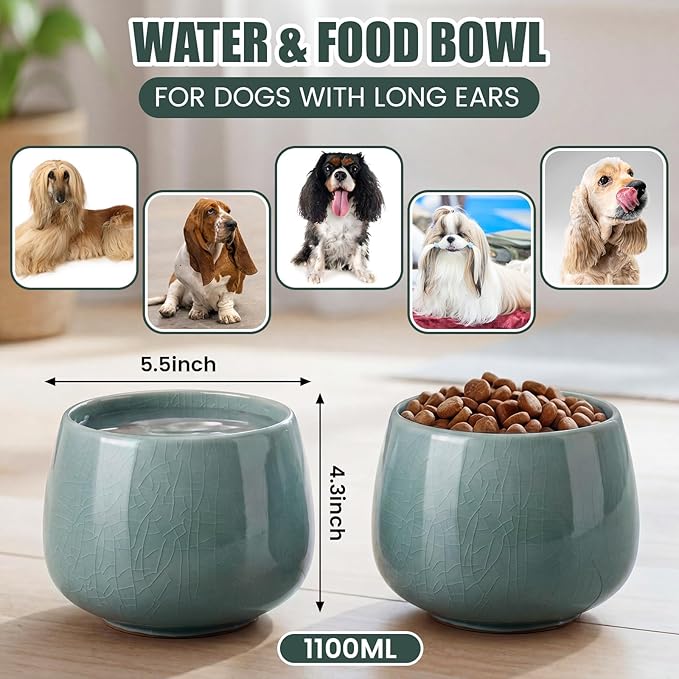 1 Pack 37 oz Ceramic Dog Bowl for Large Dogs with Long Ears No Spill Water & Food Pet Bowl Cocker Spaniel Beagle Bassett (Pale Cyan)
