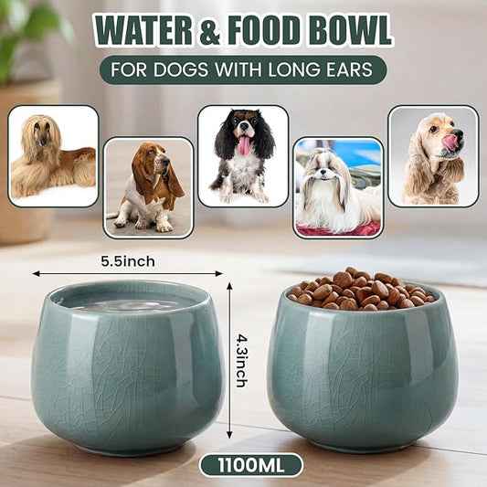 1 Pack 37 oz Ceramic Dog Bowl for Large Dogs with Long Ears No Spill Water & Food Pet Bowl Cocker Spaniel Beagle Bassett (Pale Cyan)