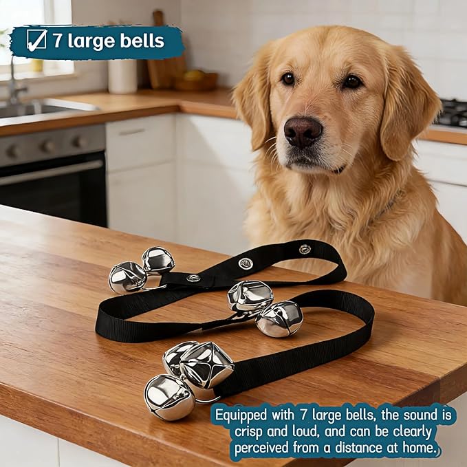 Dog Doorbell for Potty Training, Adjustable Length with 7 Extra Loud Bells, Black Nylon Strap with Metal Bells, 31-33 Inches