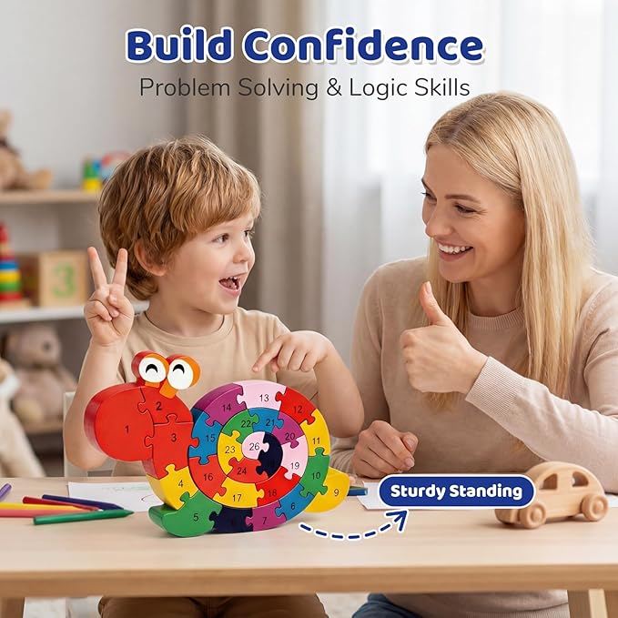 LovesTown Wooden Puzzles for Kids, Double Sided Snail Jigsaw with Alphabet & Numbers, Montessori Educational Toy for Toddlers, Chunky Animal Gift