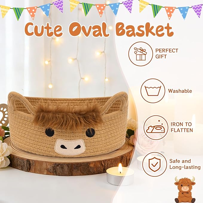 Oval Highland Cute Cow Basket for Nursery, Small Woven Gift Basket, Rope Cotton Storage for Gifts Empty, Baby Shower Blanket 0rganizer with Handles,Towel Decorative Bins, 12"D x 5"H in