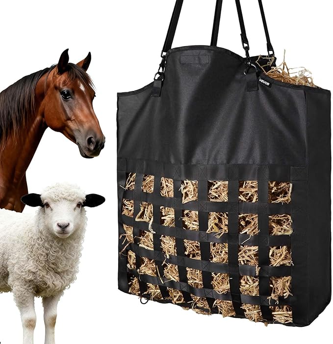 VEVOR Hay Bag for Horses, 21.65 x 7.28 x 25.2 in, 1.81 x 1.81 in Holes, Premium Nylon Construction with PVC Waterproof Coating, Adjustable Hanging Straps and Metal Hooks, Slow Feed Hay Bag for Horses