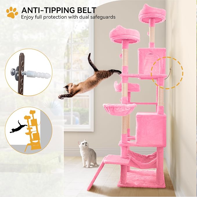 YITAHOME 75-Inch Tall Cat Tree Indoor: Multi-Level Kitten Tower with Kitty Condos, Top Perches, Sisal Ramp, Scratching Posts & Cozy Basket Hammocks Pet Play House Pink