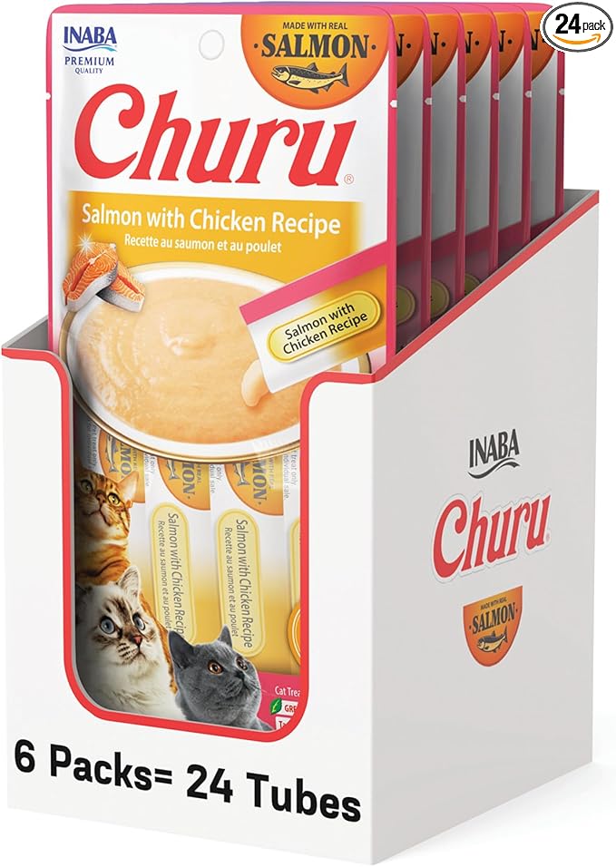 INABA Salmon Churu Cat Treats, Lickable, Squeezable Creamy Purée Cat Treat with Green Tea Extract & Taurine, 0.5 Ounces Each Tube, 24 Tubes (4 per Pack), Salmon with Chicken Recipe