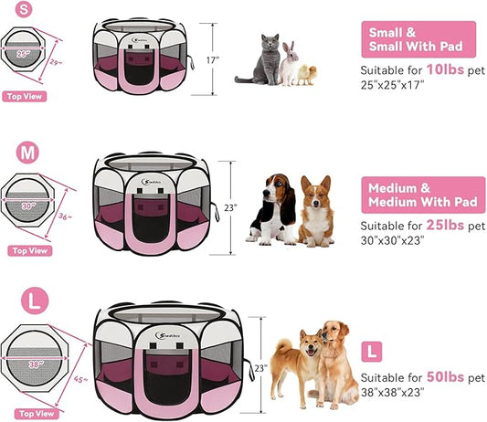 Siedihit Pink Puppy Playpen for Middle Dog Cat, Dog Tent Crates Cage Indoor/Outdoor, Portable Pop Up Dog Kennel with Carrying Bag for Rabbits, (Pink, Medium)