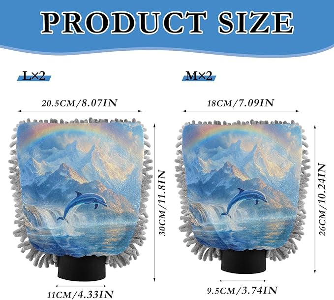 Car Wash Mitt Microfiber Wash Mitts for Car Washing Scratch-Free Cleaning Gloves Soft Non Absorbent Chenille Auto Hand Mitt Medium 2Pack Rainbow Dolphins Jumped Out Blue