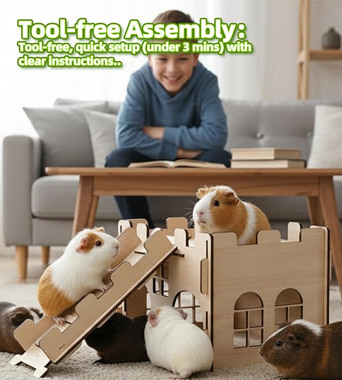 HIIMALEX Sturdy Guinea Pig Hideout Wooden Castle for Guinea Pig Chinchilla Hedgehog Gerbil Hamster Rat House Habitat for Playing and Hiding (Castle with Ramp & Mat)