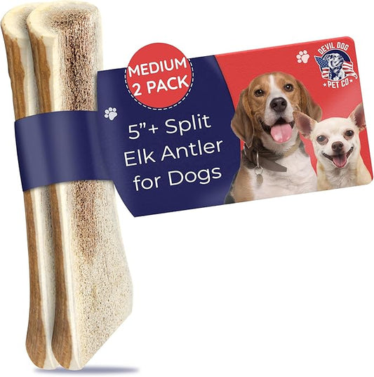 Devil Dog Pet Co. Split Elk Antlers for Dogs, Natural Dog Chew with Exposed Marrow - Long Lasting and Odor Free - USA Sourced - Cleaner Teeth, Anxiety & Boredom Relief - Medium 5"+ 2 Pack