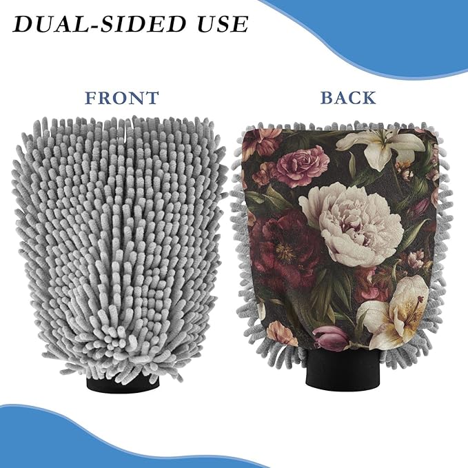 Car Wash Mitt Microfiber Wash Mitts for Car Washing Scratch-Free Cleaning Gloves Soft Non Absorbent Chenille Auto Hand Mitt Large 2Pack Peony Rose Flowers Pink