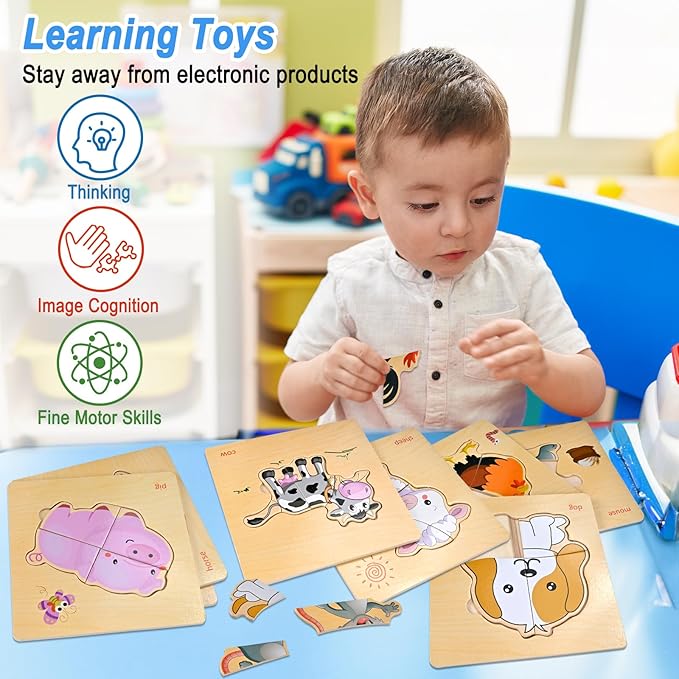 8pcs Wooden Puzzles for Toddlers 1-2-3-4, Farm Toddler Puzzles Ages 1-2-3-4, Montessori Educational Jigsaw Toys Preschool Puzzle Christmas Birthday Gift for Kids Girl Boy 1-4 Year Old