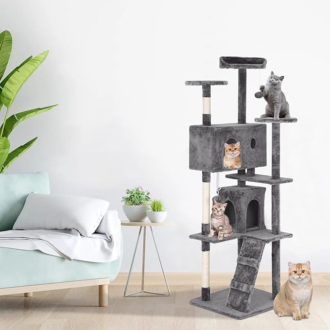PayLessHere Cat Tree 70in Tower with Cat Scratching Post,Multi-Level Cat Condo Stand House Furniture Kitty Activity Center with Furry Ball Toys Cat Tree for Indoor Cats,Light Grey