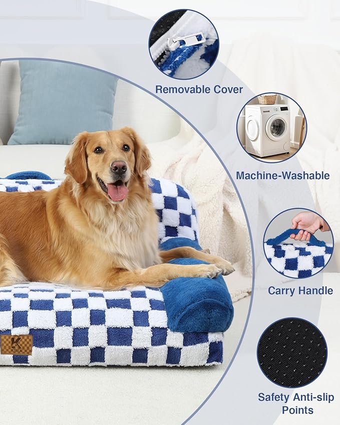 KSIIA Dog Bed Large Dog Beds with Supportive Armrests Waterproof Pet Couch Comfort Pet Sofa with Removable Machine Washable Cover & Anti-Slip Bottom, 41 x 27 in, Blue
