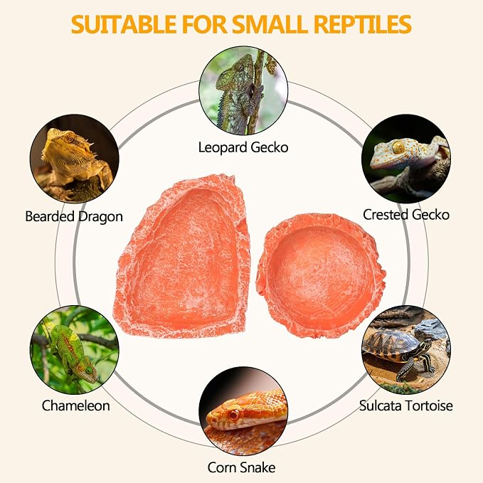 Reptile Water Dish Food Bowl for Bearded Dragon Tank Accessories, Hyggerzoo Reptile Rock Feeder for Tank 2 Pack Corner Resin Terrarium Bowl for Leopard Gecko Hermit Crab Tortoise Snake, Orange