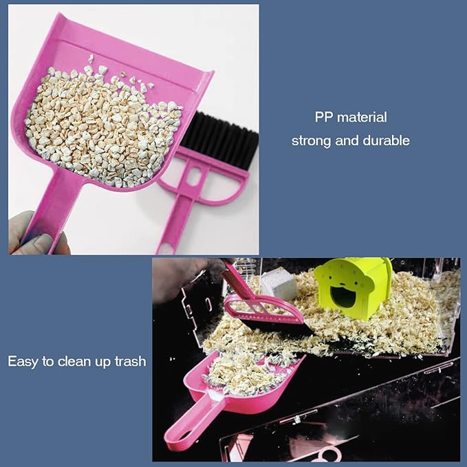SEIS 3 Pack Hamster Mini Dustpan and Broom Set Guinea Pig Classical Besom Chinchillas Sweeper Cavy Cage Clean Hedgehogs Scooper for Small Animal (Pink)