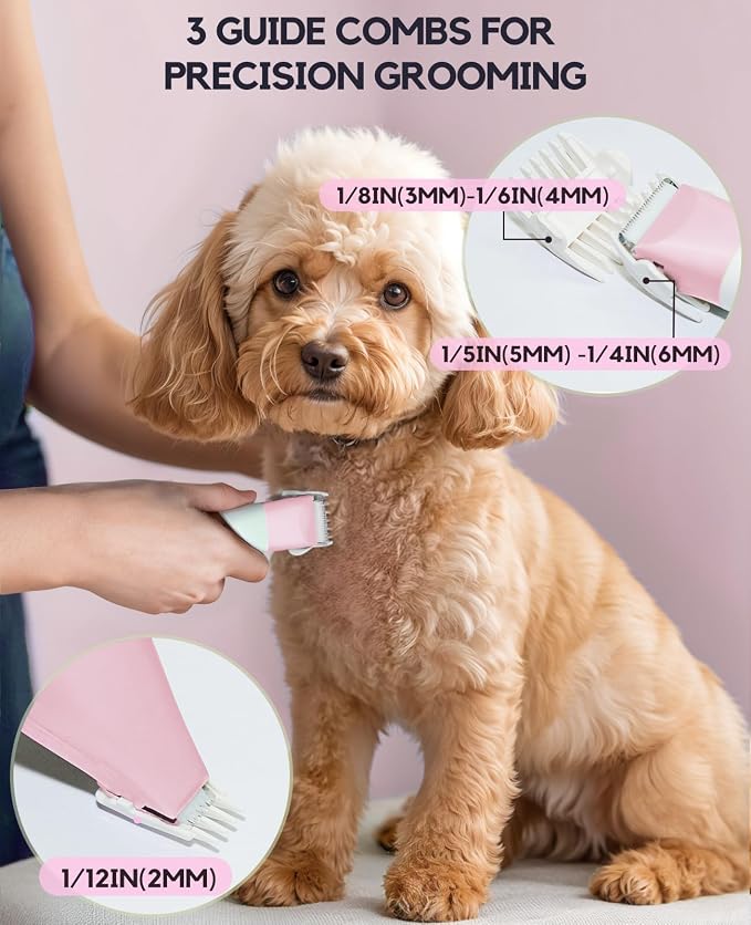 4 in 1 Rechargeable Dog Clippers Grooming Kit with 2 Speeds and Low Noise | Quiet Cordless Dog Hair Trimmer for Paw Nail Grinder, Cat Grooming Clippers for Trimming Hair on Paw Eye Ear Face (Pink)
