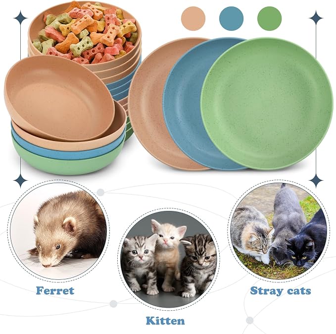 Tioncy 24 Pcs Cat Food Bowl 5.5'' Fatigue Relief Shallow Cat Food Dish Wide and Small Pet Wet Plate Wide Stray Wet Feeding Bowl for Ferrets Feral Short Legged Kitten, Wheat Straw(Three Color,Classic)