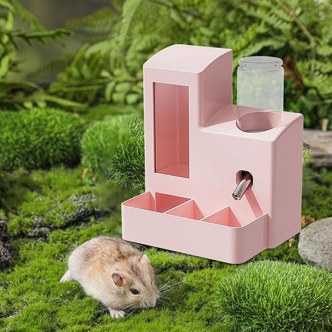 3 in 1 Hamster Automatic Feeder Dispenser Easy to Clean Container Feeding Station for Home Ferrets Bunny Small Animal Patio, Pink 80ml Bottle