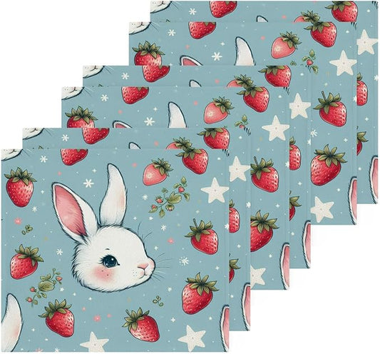 Qilmy Rabbit with Strawberry Washcloths 6 Pack, 12x12 Inch Cotton Wash Cloths - Highly Absorbent Face Towels for Bathroom, Washing, Gym, and Spa